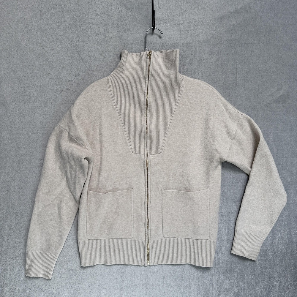 Belldini Cardigan Sweater Womens Medium Beige Full Zip Ribbed Collar Pockets